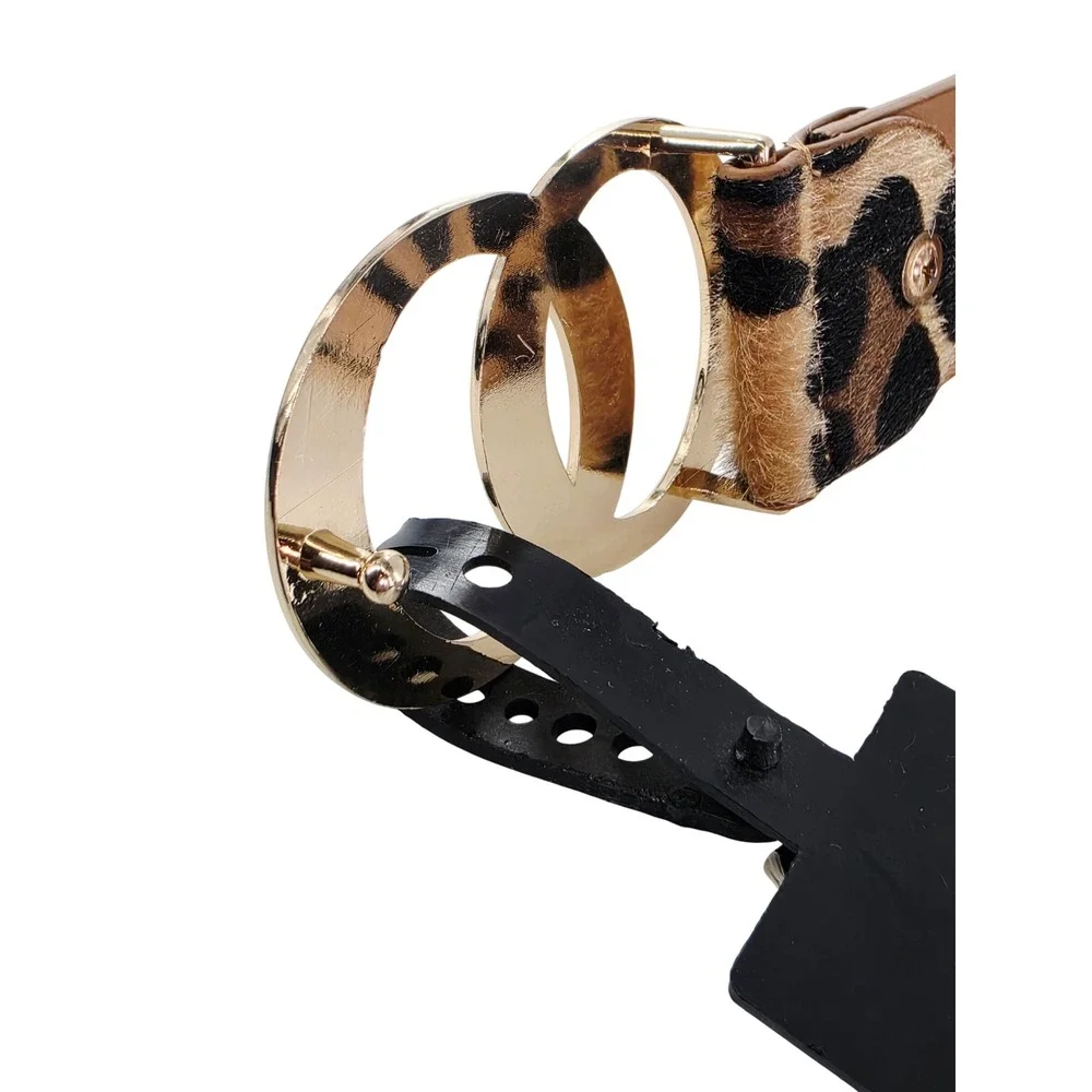 Kendall + Kylie Leopard Print Faux Fur Belt Gold‎ Double Circle Buckle M/L NEW
